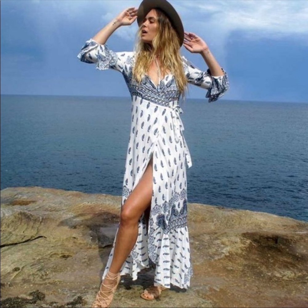 💃🏻Rhea Boho Maxi Dress Wrap Dress white dress - Picture 6 of 9